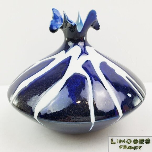 Limoges France Ceramic Abstract Modern Vase Style Blue White Art Piece - Picture 1 of 13